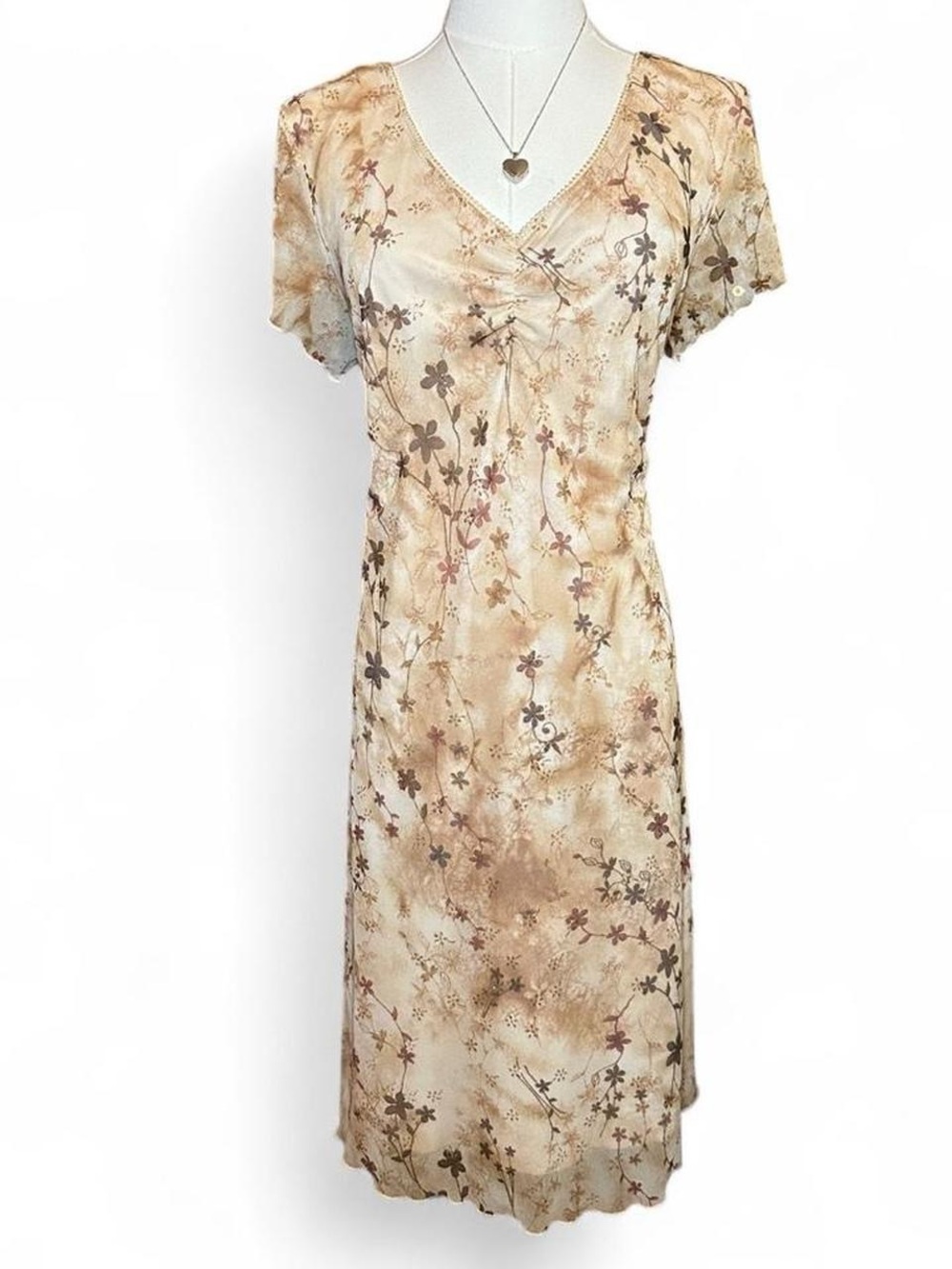 Vintage Floral Mesh Beige Taupe Slip Dress Gold Sparkles Autumn Cottagecore